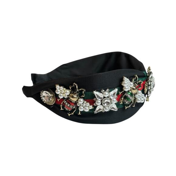 Elegant Black Headband with Pearls Crystals and Bee Details Fashion Hairband - Picture 5 of 5